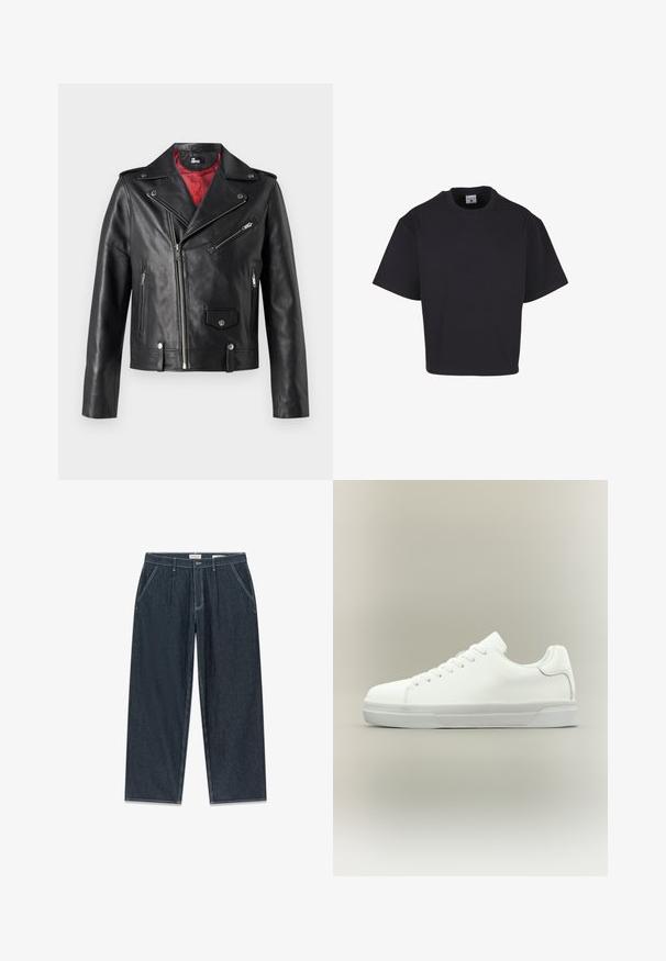 Sort læder bikerjakke med sølv lynlåse og trykknapper, der har en rød indvendig foring og asymmetrisk frontlukning.; Sort T-shirt med korte ærmer og rund hals med en afslappet, firkantet pasform vist mod en hvid baggrund.; Mørkeblå bukser med brede ben og lodrette striber, med lynlås og knaplukning, fire lommer og kontrastfulde hvide syningsdetaljer.; Hvid lavtop sneaker med snørelukning foran, polstret krave og tekstureret gummisål, vist i sidelayout på neutral baggrund.