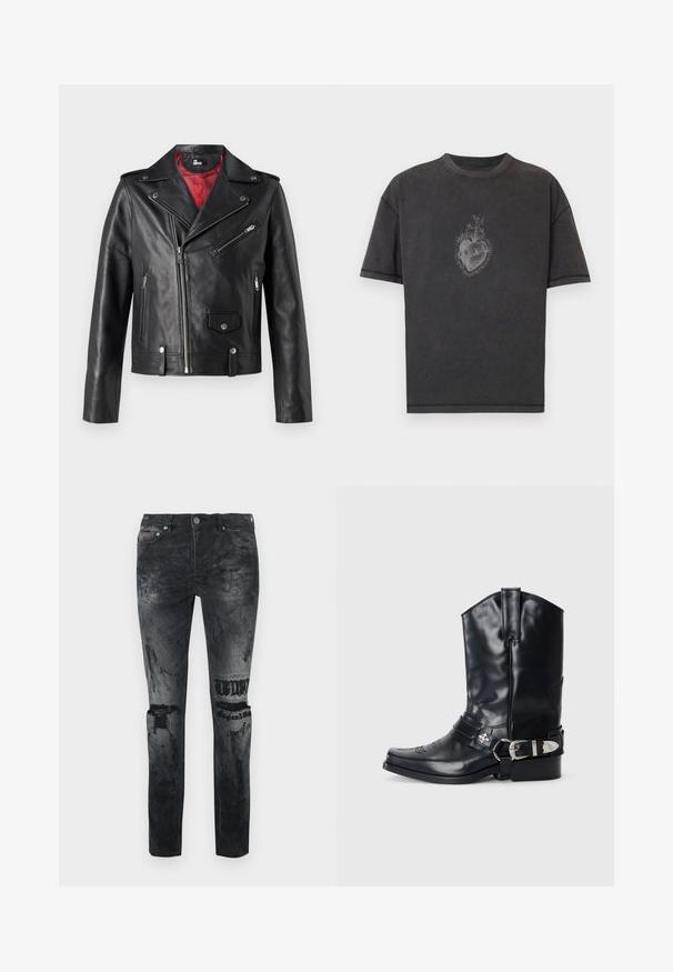 Sort læder bikerjakke med sølv lynlåse og trykknapper, der har en rød indvendig foring og asymmetrisk frontlukning.; Sort bomuld T-shirt med løs pasform, prydet med et grafisk motiv af et hjerte med blomster og kranier i midten. Synlige syningsdetaljer.; Sorte denimjeans med et slidt look. Har synlige revnede detaljer, knaplukning foran og indviklede syningsdetaljer.; Sort læder cowboystøvle med spidse tæer, høj skaft, dekorativ stitching og sølv spændehardware på remmen. Tekstureret overflade.