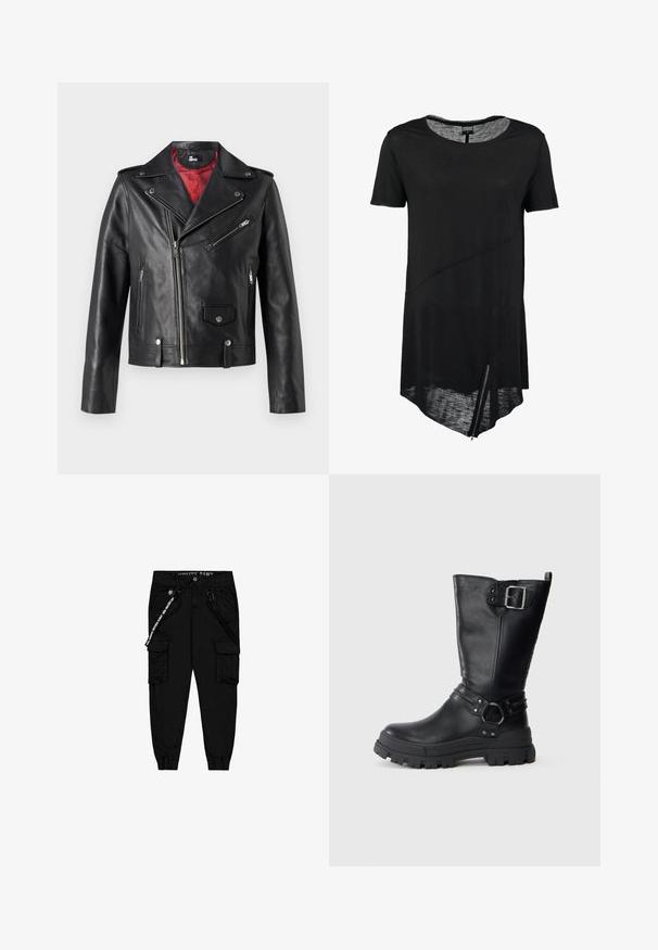Sort læder bikerjakke med sølv lynlåse og trykknapper, der har en rød indvendig foring og asymmetrisk frontlukning.; Sort kortærmet t-shirt med rund halsudskæring, asymmetrisk kant, gennemsigtig tekstur og en sidelukning. Blødt, let stof.; Sorte cargo bukser lavet af letvægtsstof, med to sidelommer, en elastisktalje og justerbare ankelmanchetter.; Sorte læderknæhøje støvler med en kraftig gummisål, der har en sidelås, stropdetaljer og struktureret finish.