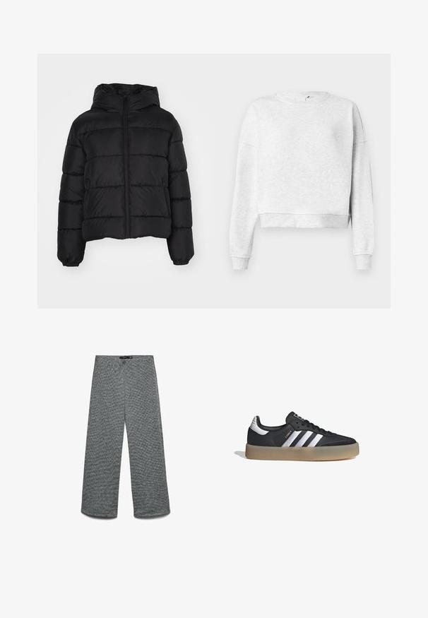 Chaqueta de abrigo negra con capucha, con cierre frontal de cremallera, puños elásticos y diseño acolchado. Fabricada con un material suave y resistente al agua.; Sudadera de algodón gris con cuello redondo, hombros caídos y puños de canalé. Presenta un dobladillo corto y una tela suave y texturizada.; Pantalones de pierna ancha en un tejido gris texturizado de punto. Presentan una cintura alta y piernas rectas, ofreciendo un ajuste relajado en toda la prenda.; Zapatilla deportiva de cuero negro con tres rayas plateadas, punta texturizada y suela de goma. Cuenta con un collar acolchado y un diseño con cordones.