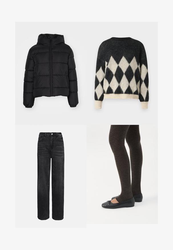 Chaqueta de abrigo negra con capucha, con cierre frontal de cremallera, puños elásticos y diseño acolchado. Fabricada con un material suave y resistente al agua.; Suéter de gran tamaño en negro y crema con un patrón de diamantes, hecho de un suave tejido texturizado y con dobladillos y puños acanalados.; Pantalones vaqueros de mezclilla negra de pierna ancha con cintura alta, cinco bolsillos y cierre frontal de botón. Textura suave con un ligero efecto de desvanecimiento.; Piernas con leggings oscuros acanalados combinados con bailarinas negras que presentan pequeños detalles de lazo sobre un fondo blanco.
