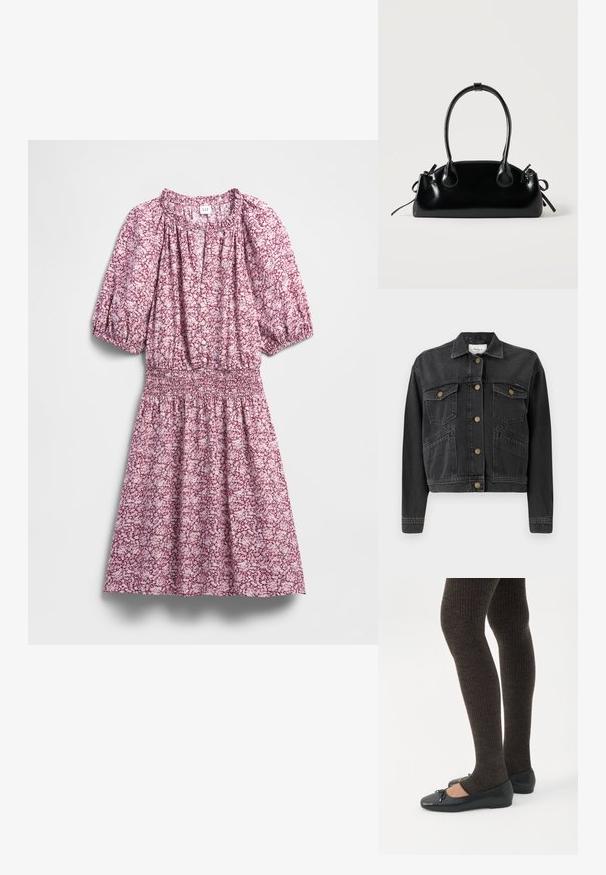Pepe Jeans RELAXED JACKET - Spijkerjas - denim; Bloemenjurk in tinten roze en wit, met een geplooide taille, pofmouwen, knopen aan de voorkant en een zachte stofstructuur.; Benen met donkere geribbelde leggings gecombineerd met zwarte ballerina's met kleine strikdetails op een witte achtergrond.; Kleine zwarte glanzende handtas met twee lange hengsels en zijkant trekkoord details op een effen lichte achtergrond.