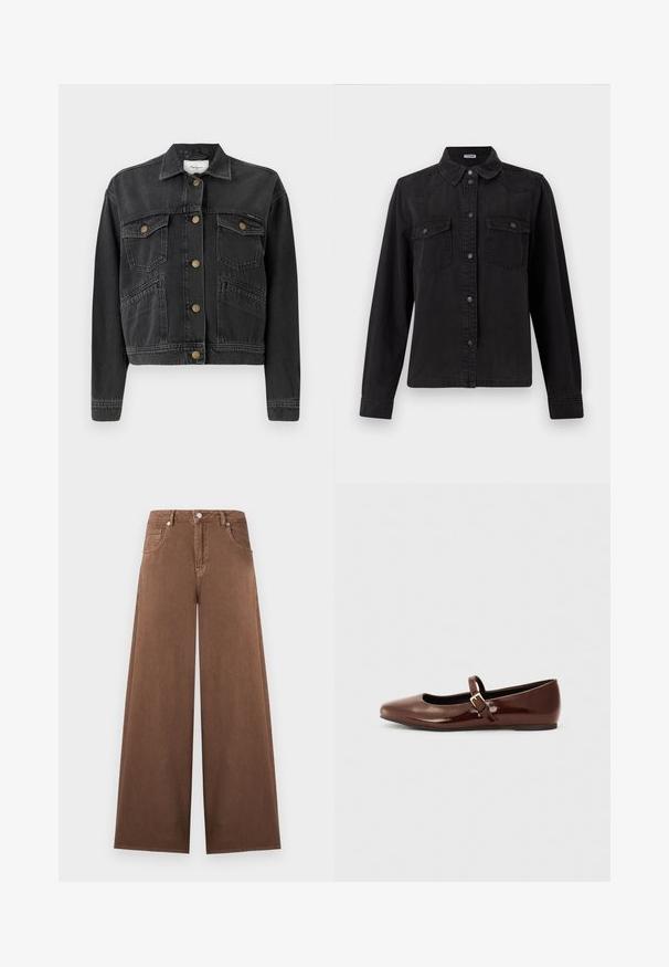 Pepe Jeans RELAXED JACKET - Spijkerjas - denim; Zwarte spijkerbutton-up shirt met lange mouwen, twee borstzakken met klep en een klassieke kraag op een witte achtergrond.; Bruine wijde spijkerbroeken met hoge taille, sluiting met knoop en rits aan de voorkant, en een ontwerp met vijf zakken.; Bruine gepatineerde leren balletschoen met een vierkante neus en een bandje met een kleine gouden gesp. Gladde textuur, lage hak en minimalistisch ontwerp.