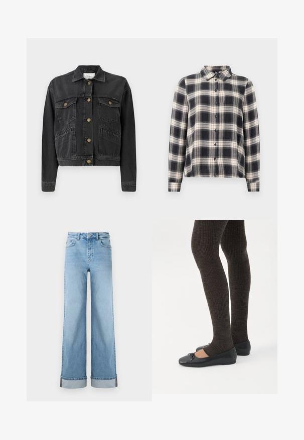 Pepe Jeans RELAXED JACKET - Spijkerjas - denim; Langwerpig overhemd met lange mouwen in marineblauw, wit en beige. Bevat een schouderkraag, knoopsluiting aan de voorkant en een zachte stof met een geruit patroon.; Lichtblauwe wijde jeans van klassieke denim met een hoge taille, voorzien van opgerolde zomen en zichtbare stiksels.; Benen met donkere geribbelde leggings gecombineerd met zwarte ballerina's met kleine strikdetails op een witte achtergrond.