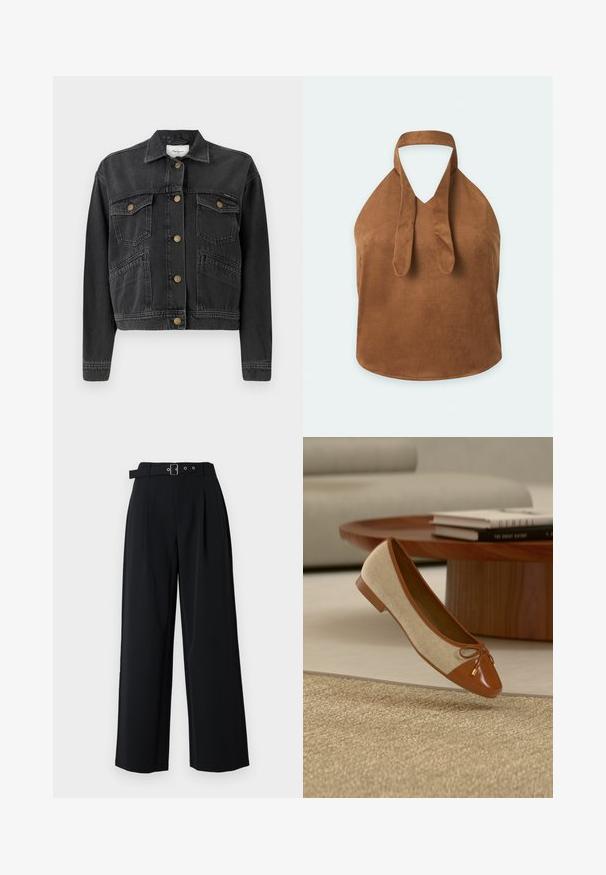Pepe Jeans RELAXED JACKET - Jeansjacke - denim; Braunes Wildleder-Halfter-Top mit tiefem V-Ausschnitt und breiten Trägern auf einem schlichten hellen Hintergrund.; Schwarze, weit geschnittene Hose mit Bundfalten, ausgestattet mit einem Gürtel mit Metallschnalle und doppelten Gürtelschlaufen. Glatter Stoff mit klarem Design.; Beige-brauner Ballerinaschuh mit Schleifendetail, neben einem runden Holzcouchtisch mit gestapelten Büchern auf einem beigen Teppich platziert.