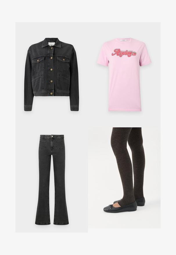 Pepe Jeans RELAXED JACKET - Cowboyjakker - denim; Lys lyserød T-shirt med korte ærmer, med teksten "Hot & Sweet Replay" og to jordbærgrafikker centreret på brystet.; Sort højtaljede denimjeans med let udvidelse, frontknap og lynlås samt forlommer med lapper.; Ben iført mørke ribbede leggings kombineret med sorte balletsko med små sløjfedetaljer på hvid baggrund.