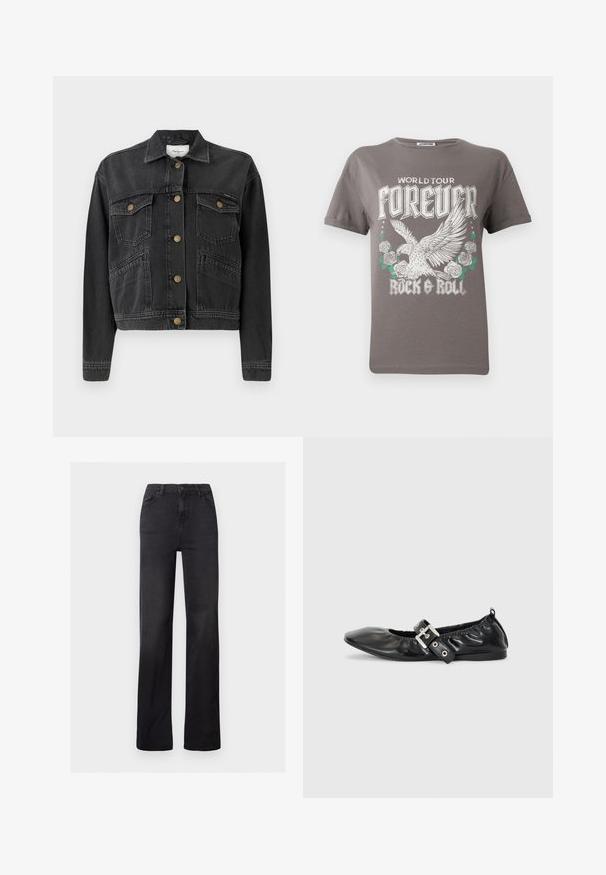Pepe Jeans RELAXED JACKET - Cowboyjakker - denim; Grå bomulds t-shirt med et stort grafisk motiv af en ørn og roser, med teksten "WORLD TOUR FOREVER ROCK & ROLL" i fed hvid skrift.; Sorte denim straight-leg jeans med høj talje, fem-lomme design og synlig syning. Glat tekstur med en let falmet finish.; Sorte læder flade sko med spids tå, samling detaljer omkring åbningen, og en sølv spænde accent på den justerbare rem.