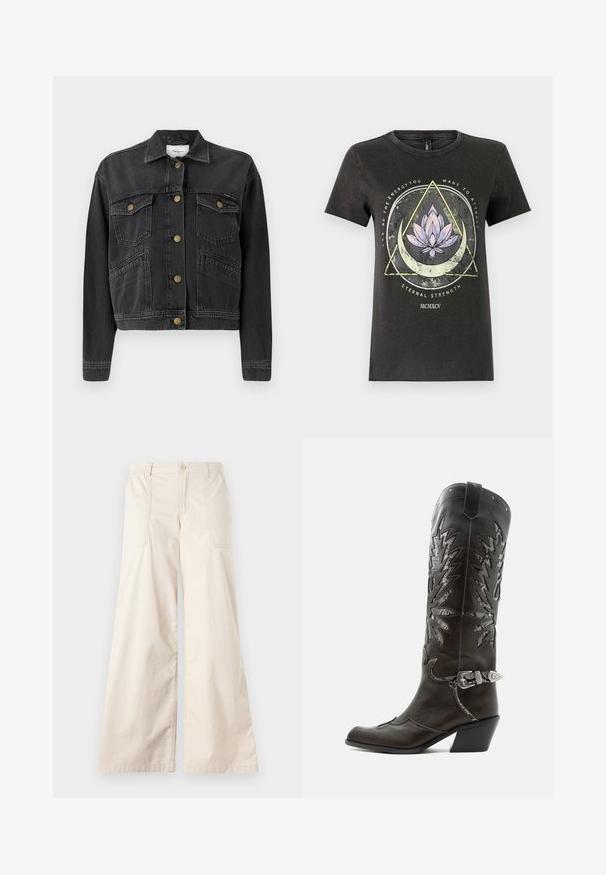 Pepe Jeans RELAXED JACKET - Cowboyjakker - denim; Sort bomulds-T-shirt med grafisk design, der viser en lotusblomst, geometriske former og tekst i forskellige farver. Kortærmet og rund halsudskæring.; Beige vidde benbukser med knaplukning, elastisk talje og to sidelommer. Glat bomuldsstof med en blød tekstur.; Sort læder cowboystøvle med dekorative udskæringer, sølvspænde og skrå hæl, vist på hvid baggrund.
