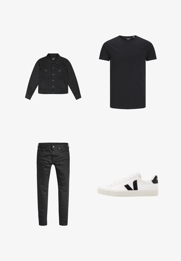 Veste en denim noir avec fermeture à boutons sur le devant, deux poches poitrine à rabat avec boutons, poches latérales et col, marquée d'une petite étiquette jaune Lee.; T-shirt en coton noir avec un col rond, des manches courtes et un design simple. Texture lisse, sans motifs ni éléments visibles.; Jeans noirs slim-fit avec poches avant, passants de ceinture, et fermeture à bouton, présentés sur un fond blanc.; Sneaker blanche en cuir avec des accents en daim noir ; dispose d'une semelle en caoutchouc, d'un bout rond et d'un design classique à lacets. Logo latéral en noir.