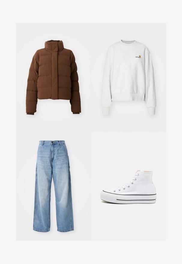Brun cropped pufferjakke med høj krave, quiltede sektioner, trykknaplukninger og ribbede manchetter for ekstra varme.; Grå crew-neck sweatshirt i et blødt stof med ribbede manchetter og kant; har broderet logo på brystet i gul og mørkerød.; Lysblå vidde jeans med høj talje, der har sidelommer og en falmet struktur, lavet af denim materiale.; Hvide høj-top sneakers lavet af kanvasmateriale, sort gummisål og kontrasterende sort stribe på mellemsålen. Rund tåhætte og snørebåndsdesign.