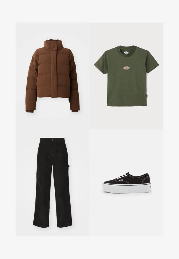 Brun cropped pufferjakke med høj krave, quiltede sektioner, trykknaplukninger og ribbede manchetter for ekstra varme.; Olivenfarvet bomulds t-shirt med rund halsudskæring og korte ærmer. Har et flerfarvet logo-patch på brystet. Glat tekstur.; Sorte kordfløjsbukser med et lige ben-design, der har en knaplukning og sidelommer. Glat tekstur med fine lodrette striber.; Sort lærred sneakers med en hvid gummi platform sål, der har hvide snørebånd og syninger, ikonisk branding på siden, lav-top design.