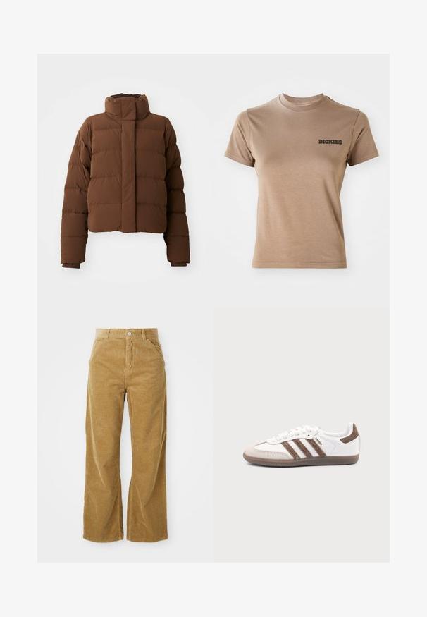 Brun cropped pufferjakke med høj krave, quiltede sektioner, trykknaplukninger og ribbede manchetter for ekstra varme.; Brun bomulds t-shirt med korte ærmer og rund hals. Har et sort "DICKIES" logo på venstre brystområde. Glat tekstur.; Bredde corduroybukser i lys brun med et struktureret ribbet mønster, fem lommer og en knaplukning i taljen.; Hvid Adidas Samba sneaker med brune ruskindstriber, brun gummisål og beige ruskindståhætte, vist fra ydersiden på en ensfarvet baggrund.