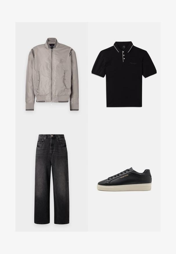 Veste bomber gris clair avec fermeture éclair, poignets côtelés, deux poches avant, et accents rayés noirs sur les épaules. Matière lisse et brillante.; Polo noir en coton avec col, trois boutons, accents blancs et un logo discret sur le devant. Manches courtes.; Jeans en denim noir avec une coupe ample, taille haute, cinq poches et une fermeture à bouton visible. Présente un délavage subtil et une coupe droite.; Sneaker en cuir noir avec une finition lisse, semelle crème contrastante, bout arrondi, logo doré sur le côté et six œillets pour les lacets.