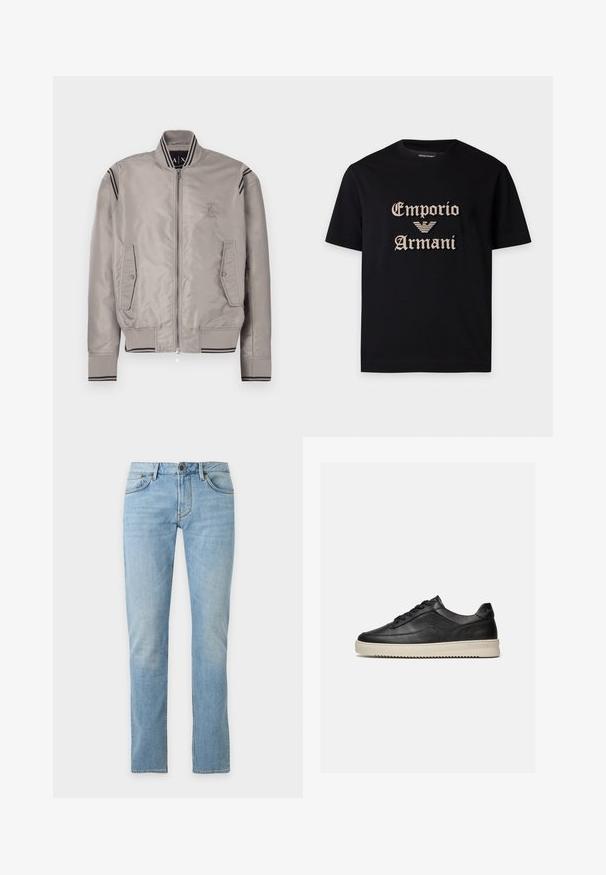 Veste bomber gris clair avec fermeture éclair, poignets côtelés, deux poches avant, et accents rayés noirs sur les épaules. Matière lisse et brillante.; T-shirt noir à manches courtes avec texte beige "Emporio Armani" et logo d'aigle brodé au centre devant.; Jean droit bleu clair avec poches avant, passants de ceinture et fermeture par bouton sur fond uni.; Baskets basses en cuir noir avec des lacets noirs et une semelle en caoutchouc épaisse de couleur crème, présentées sur un fond blanc.