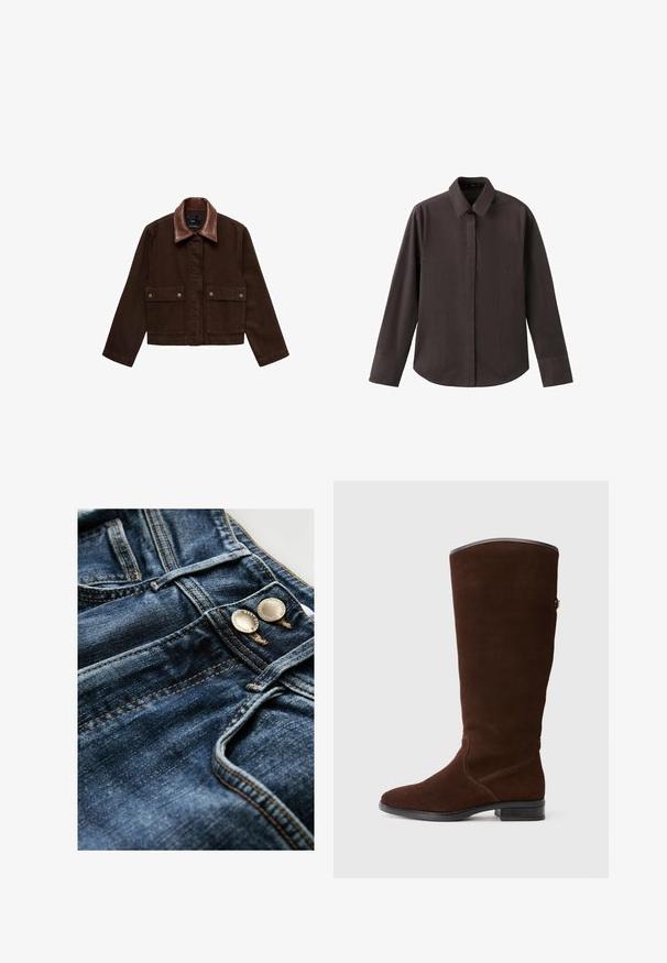 Veste en denim marron avec un col en cuir marron, des poches avant et des fermetures à boutons-pression. Design court et ajusté avec un minimum de détails.; Chemise marron à manches longues avec un col pointu, une fermeture à boutons sur le devant et une poche poitrine unique. Tissu lisse et coupe décontractée.; Jeans en denim de lavage foncé avec des coutures dorées contrastantes, dotés de deux boutons en métal à la taille et d'une texture lisse.; Botte haute en daim marron, avec un embout arrondi, des détails de couture subtils et un petit talon carré. Doublure lisse au bord supérieur.