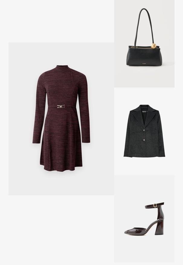 Donkergrijze blazer van een wolmix met een notch-kraag, twee voorzakken en drie decoratieve zilveren knopen aan de voorkant.; Bordeaux langemouw jurk met hoge hals, aansluitende taille en uitlopende rok, met een metalen accent op de taille. Getextureerde stof.; Donkerbruine lakleren pump met hoge hak, puntige neus, blokhak en verstelbare enkelband met gouden gesp.; Zwarte rechthoekige leren handtas met lange hengsels, gouden rits, gouden bolvormige hanger en klein ALDO-logo op het midden van de voorkant.