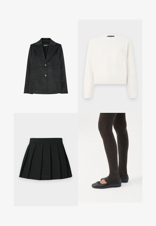 Donkergrijze blazer van een wolmix met een notch-kraag, twee voorzakken en drie decoratieve zilveren knopen aan de voorkant.; Korte witte trui van zacht materiaal met een ronde hals, voorzien van schoudernaad met een drop shoulder en een verticale naaddetail aan de voorkant.; Zwarte geplooide rok van textuurstof. Heeft een tailleband en een subtiel ruitpatroon. Korte lengte met gelaagde plooien.; Benen met donkere geribbelde leggings gecombineerd met zwarte ballerina's met kleine strikdetails op een witte achtergrond.