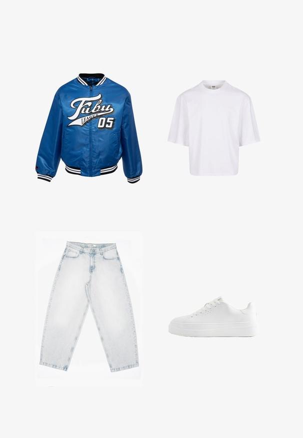 Blaues Satin-Bomberjackett mit schwarz-weißen Rippbündchen, versehen mit einem auffälligen weißen und schwarzen Logo "Fubu League 05" auf der Vorderseite.; Weißes Kurzarm-T-Shirt mit Rundhalsausschnitt und lockerer Passform, gefertigt aus einem glatten Baumwollmischgewebe. Keine Muster oder Verzierungen.; Hellblaue Jeans aus Denim mit hoher Taille, geraden, weiten Beinen, Knopf- und Reißverschluss sowie vorderen und hinteren Taschen.; Weißer Sneaker mit niedrigem Schnitt, dicker Sohle, Schnürung vorne und kleinen Belüftungslöchern an der Seite, seitlich abgebildet.