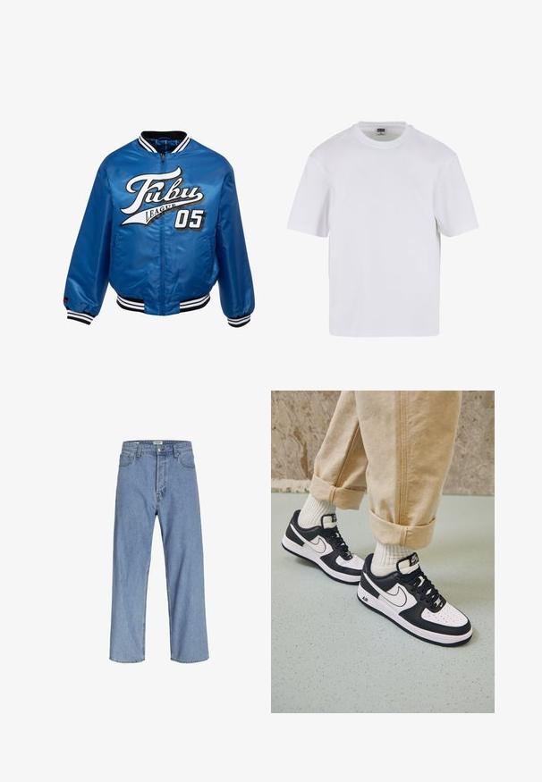 Blaues Satin-Bomberjackett mit schwarz-weißen Rippbündchen, versehen mit einem auffälligen weißen und schwarzen Logo "Fubu League 05" auf der Vorderseite.; Weißes T-Shirt mit kurzen Ärmeln aus Baumwolle. Besitzt einen Rundhalsausschnitt und eine lockere Passform. Glatte Textur, minimalistisches Design, ohne Muster oder Akzente.; Hellblaue Jeans aus Denim mit lockerer Passform, hoher Taille, weitem Bein und Fünf-Taschen-Design. Der Stoff hat eine weiche Textur.; Schwarz-weiße Nike Air Force 1 Sneaker mit einem Obermaterial aus Leder, perforierter Zehenpartie und strukturiertem Sohlendesign, getragen mit aufgerollten beigen Hosen und weißen Socken.