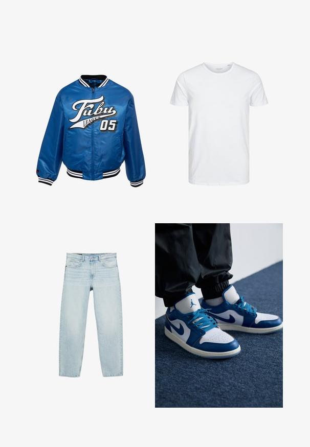 Blaues Satin-Bomberjackett mit schwarz-weißen Rippbündchen, versehen mit einem auffälligen weißen und schwarzen Logo "Fubu League 05" auf der Vorderseite.; Rundhals-T-Shirt mit kurzen Ärmeln in reinem Weiß, aus weicher Baumwolle, mit einem schlichten Design ohne sichtbare Muster oder Akzente.; Hellblaue Denim-Jeans mit geradem Bein, vorderer Knopf- und Reißverschluss und einem Fünf-Taschen-Design.; Die Nike Air Jordan Sneakers verfügen über eine weiße Lederbasis mit blauen synthetischen Akzenten, einer perforierten Zehenbox und blauen Schnürsenkeln.