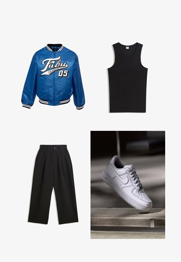 Blå satin bomberjakke med sort og hvid ribkant, der har et fremtrædende hvidt og sort logo "Fubu League 05" på fronten.; Sort tanktop lavet af bomuld med rund halsudskæring og ærmeløs design. Glat tekstur uden synlige mønstre eller accenter.; Sorte bukser med en afslappet pasform, der har plisseringer foran, sidelommer og knaplukning. Fremstillet af tekstureret stof.; Hvid læder Nike Air Force 1 sneaker med perforeret tå, flade snørebånd og tekstureret gummisål med "AIR" branding på siden.