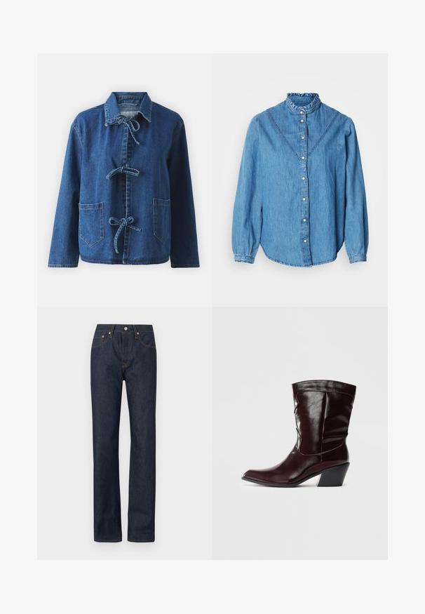 Denimjack in donkerblauw met een ontspannen pasvorm, voorzien van een spreidkraag, striksluitingen en twee voorste opgestikte zakken.; Blauw denim overhemd met een gerimpelde hoge kraag, knooplijst aan de voorkant en lange mouwen. Voorzien van decoratief stikwerk en een licht gebogen zoom.; Donkerblauwe denim jeans met een rechte broekspijp, voorzien van oranje stiksel, vijf zakken en een knoopsluiting bij de taille.; Bordeaux leren enkellaarsjes met een spitse neus, textuur op het oppervlak en een taps toelopende lage hak. Heeft subtiele stiksels en een strakke pasvorm.