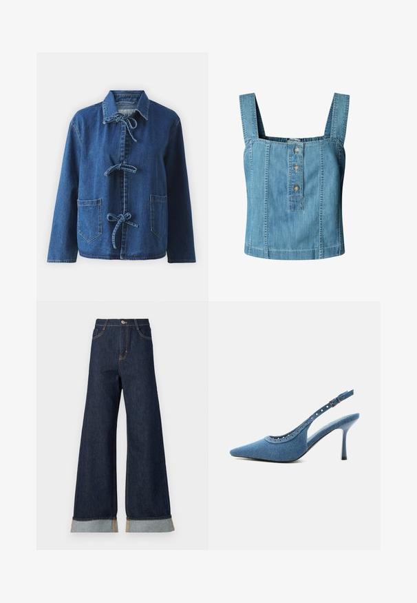 Dunjakke i mørkeblå med en afslappet pasform, der har en spredt krave, båndlukninger og to frontlomme.; Lyseblå denim ærmeløs top med brede stropper og tre knapper i en række foran midt på.; Bredde ben mørk denim jeans med orange syninger, med høj talje, to forlommer og opbrettede manchetter, der viser et lysblåt kontraststof.; Blå denim spids tå slingback sko med høj hæl, sølv øjendesign og justerbar spænde.