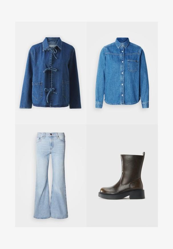 Chaqueta de denim en azul oscuro con un corte relajado, que presenta un cuello extendido, cierres de lazo y dos bolsillos frontales tipo parche.; Camisa de mezclilla azul con botones, cuello, bolsillo frontal y botones blancos. Presenta un dobladillo ligeramente curvado y mangas largas.; Jeans acampanados azul claro, con cintura alta, tejido vaquero, cinco bolsillos y cierre de botón. Las piernas son anchas y tienen un acabado ligeramente descolorido.; Botín de piel marrón oscuro que llega hasta la mitad de la pantorrilla, con puntera redonda, suela negra gruesa, tacón bajo y una lengüeta en la parte posterior.