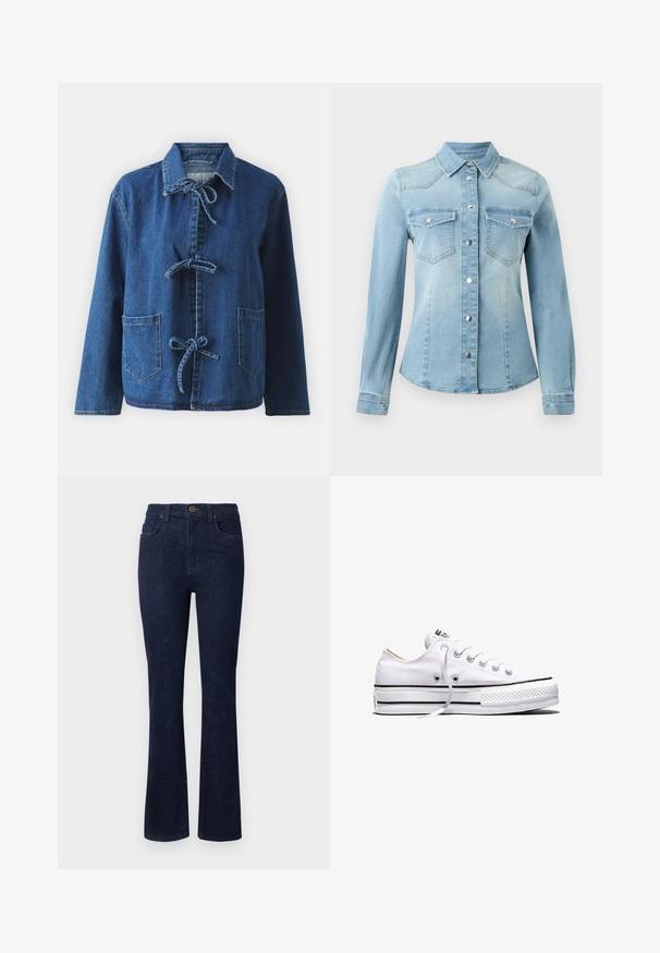 Chaqueta de denim en azul oscuro con un corte relajado, que presenta un cuello extendido, cierres de lazo y dos bolsillos frontales tipo parche.; JDY JDYMOON SHIRT - Blusa - medium blue denim; Jeans de mezclilla azul oscuro con un diseño de pierna acampanada, cinco bolsillos y un cierre de botón en la cintura. Textura suave con costuras mínimas.; Zapatilla baja de lona blanca con cordones blancos, rayas negras en la suela y puntera de goma texturizada, vista lateral sobre fondo blanco.