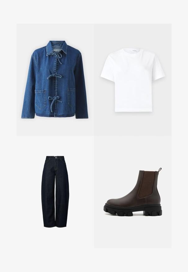 Dunjakke i mørkeblå med en afslappet pasform, der har en spredt krave, båndlukninger og to frontlomme.; Hvid kortærmet bomuld t-shirt med rund halsudskæring og lige kant, vist på en hvid baggrund.; Bredde ben mørkeblå denim jeans med høj talje, færdiggjort med kontrasterende orange syninger og en knaplukning foran.; Brune læder Chelsea-støvler med elastiske sidepaneler, teksturerede stofaccenter, tyk sort gummisål og en pull-tab bagpå.