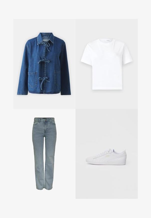 Denimjack in donkerblauw met een ontspannen pasvorm, voorzien van een spreidkraag, striksluitingen en twee voorste opgestikte zakken.; Effen witte katoenen T-shirt met korte mouwen, ronde hals en rechte zoom, getoond op een witte achtergrond.; Lichtblauwe hoge taille straight-leg jeans met een sluiting met knoop en rits aan de voorkant, vijf zakken en riemlussen.; Witte lage Puma sneakers met gevlochten veters, subtiele branding aan de zijkant en onderzijde, en een gladde synthetische bovenkant voor casual gebruik.