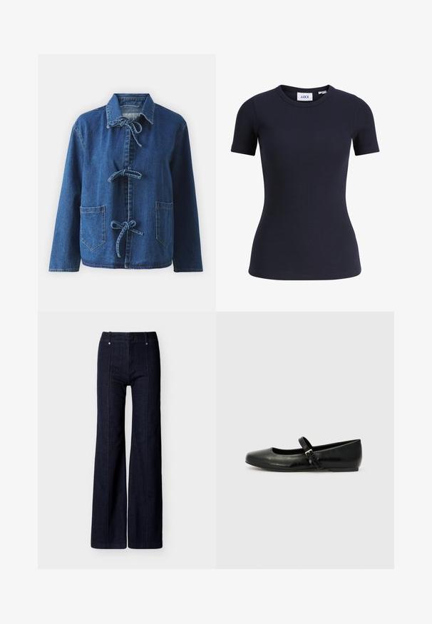 Dunjakke i mørkeblå med en afslappet pasform, der har en spredt krave, båndlukninger og to frontlomme.; Marineblå ribstrikket kortærmet figursyet t-shirt med rund halsudskæring og JJXX mærke inde i kraven.; Mørkeblå vidde-ben denimjeans med høj talje og lodrette syninger foran på hvid baggrund.; Sorte læder balletflade med rund tå, flad sål og en tynd justerbar rem over svangen med en metalspænde.