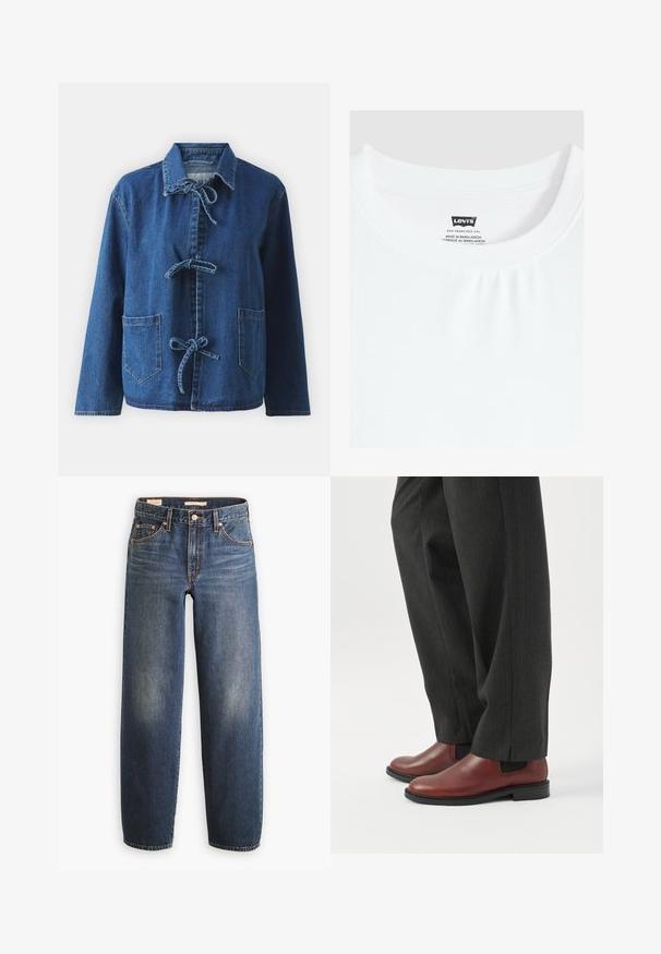 Chaqueta de denim en azul oscuro con un corte relajado, que presenta un cuello extendido, cierres de lazo y dos bolsillos frontales tipo parche.; Camiseta blanca de cuello redondo con etiqueta de la marca Levi's cosida en el interior del cuello, fabricada en Bangladesh.; Vaqueros de mezclilla azul oscuro con diseño de pierna recta, que cuentan con cinco bolsillos, remaches de cobre y un sutil desgaste en los muslos.; Persona que lleva pantalones rectos de color gris oscuro y zapatos de vestir de cuero marrón sin cordones, de pie sobre un suelo blanco.