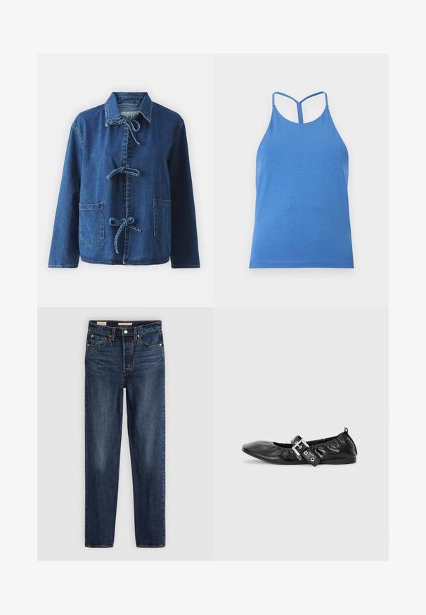 Denimjack in donkerblauw met een ontspannen pasvorm, voorzien van een spreidkraag, striksluitingen en twee voorste opgestikte zakken.; Blauwe dames mouwloze racerback tanktop met dunne bandjes en een eenvoudig, aansluitend ontwerp op een lichtgrijze achtergrond.; Diepblauwe rechte jeans met vijf zakken, knoop- en ritssluiting, en contrasterende stiksels.; Zwarte leren platte schoen met een spitse neus, geplooide details rond de opening en een zilveren gespaccentueerde verstelbare band.