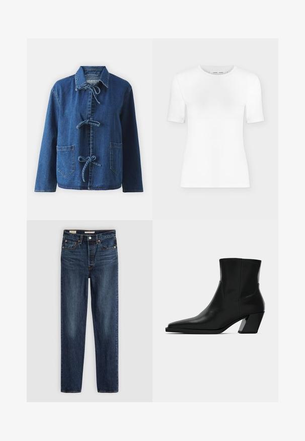 Dunjakke i mørkeblå med en afslappet pasform, der har en spredt krave, båndlukninger og to frontlomme.; Hvid T-shirt med rund hals, korte ærmer, slank pasform og ribbet stofstruktur, vist på en ensfarvet lys grå baggrund.; Mørkeblå lige ben jeans med fem lommer, knap- og lynlås lukning samt kontrastsyninger.; Sortlæder ankelstøvle med spids tå, en slank silhuet og en kraftig firkantet hæl. Glat tekstur med minimale stikninger.