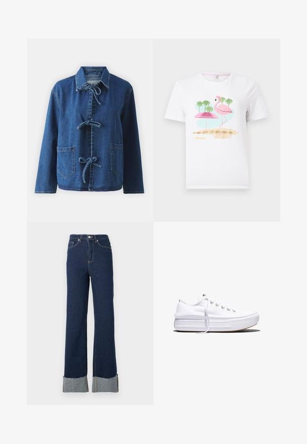 Denimjack in donkerblauw met een ontspannen pasvorm, voorzien van een spreidkraag, striksluitingen en twee voorste opgestikte zakken.; Witte korte mouw T-shirt met afbeelding van een roze flamingo, een strandparasol, palmbomen en een zandstrand.; Donkerblauwe denim flare jeans met een hoge taille, voorzien van een ruwe zoom en een lichtere denim manchet bij de enkels. Zilveren sluiting met knop.; Witte lage canvas sneaker met dikke plateauzool, veters aan de voorkant en rubberen toeskap met structuur, zijaanzicht.