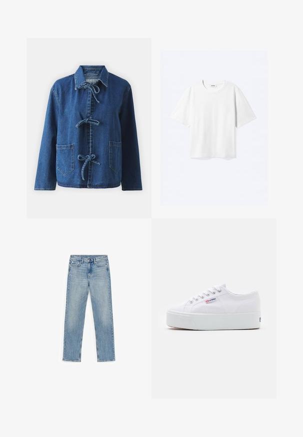Chaqueta de denim en azul oscuro con un corte relajado, que presenta un cuello extendido, cierres de lazo y dos bolsillos frontales tipo parche.; Camiseta blanca de manga corta con cuello redondo y dobladillo recto, con etiqueta de la marca "WEEKDAY" dentro del escote.; Jeans de denim azul claro de pierna recta con botón delantero, cremallera, presillas para cinturón y diseño de cinco bolsillos sobre fondo blanco.; Zapatilla de lona blanca con una gruesa suela de plataforma blanca, punta redonda y ojales de metal para los cordones. Logotipo de la marca mostrado en el lateral.