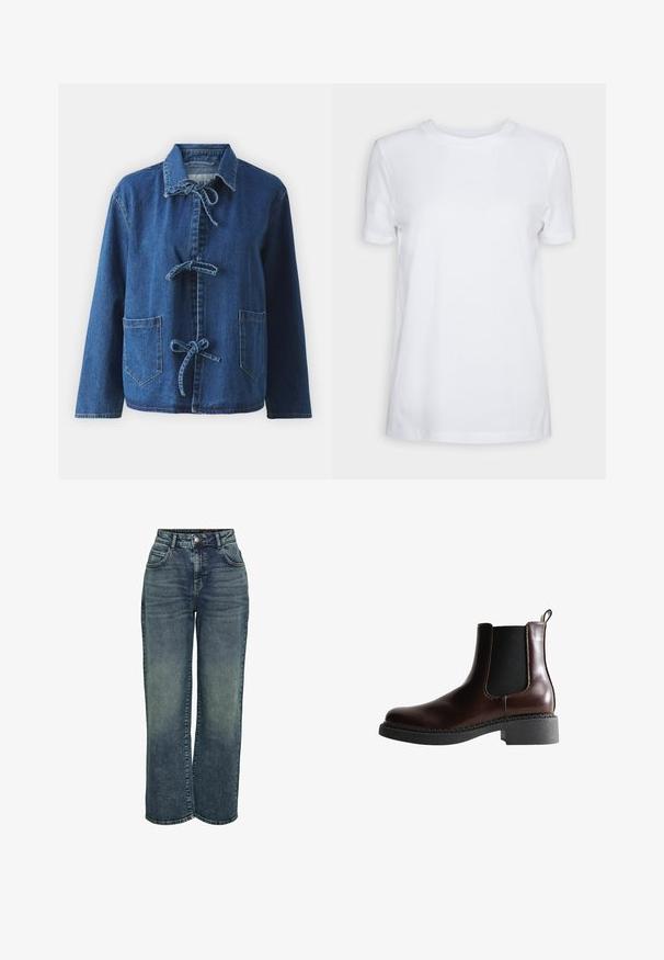 Chaqueta de denim en azul oscuro con un corte relajado, que presenta un cuello extendido, cierres de lazo y dos bolsillos frontales tipo parche.; Camiseta blanca lisa de manga corta con cuello redondo, ajuste regular y una pequeña etiqueta interior en el cuello que dice "SELECTED FEMME."; Noisy May Loose-fit NMJOSIE - Vaqueros rectos - medium blue denim; Botín de cuero marrón con paneles laterales elásticos, puntera redonda y suela de goma negra texturizada. Presenta costuras en contraste y una pestaña para facilitar el calce.
