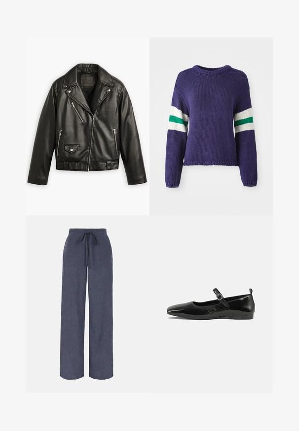 Sort læder motorcykeljakke med en cropped design, brede klapper, flere lynlåslommer og en subtil glans. Har et bælte i taljen.; Lilla strikket sweater med rund halsudskæring og lange ærmer, med hvide og grønne striber på de øverste ærmer og en kortet kant.; Navyblå bukser med brede ben, elastisk talje og snøre foran, lavet af blødt tekstureret stof.; Sorte patentlæder flade sko med spidse tæer, en ankelrem med spænde og en glat, blank tekstur. Lav hæl for komfort.
