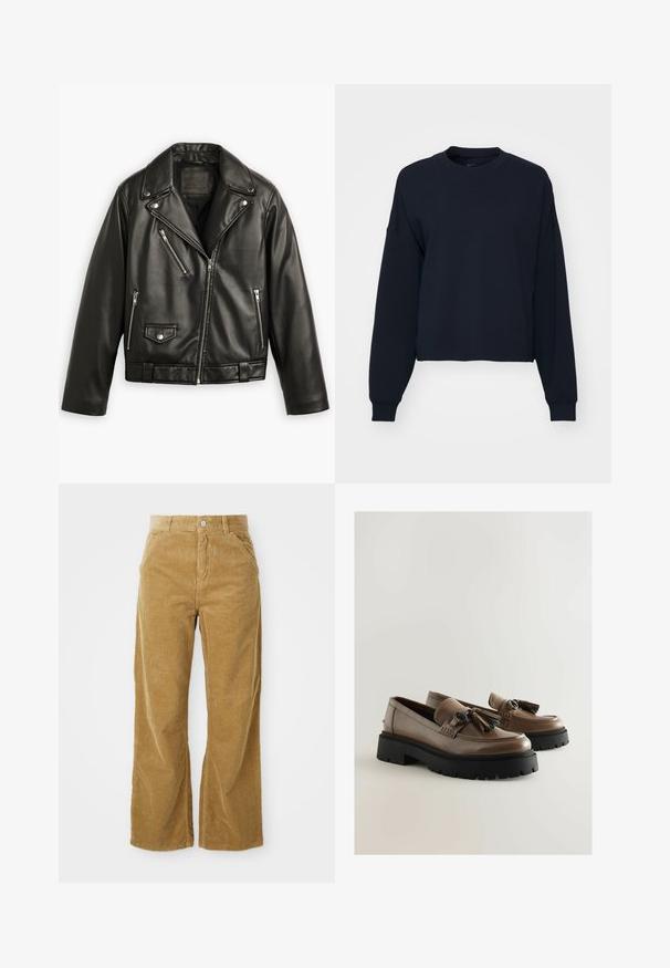 Schwarze Leder-Motorradjacke mit cropped Design, breiten Revers, mehreren Reißverschlusstaschen und einem subtilen Glanz. Mit einem Gürtel in der Taille.; Marineblaues Sweatshirt mit langen Ärmeln, Rundhalsausschnitt und cropped Fit. Aus weichem Stoff mit gerippten Bündchen und Saum.; Heller brauner Cord-Hosen im weiten Schnitt, mit einem strukturierten Rippmuster, fünf Taschen und einem Knopfverschluss an der Taille.; Braune Lederloafer mit dicken schwarzen Gummisohlen, ausgestattet mit Quasten und dekorativen Beschlägen. Glatte Textur mit klassischem Design.