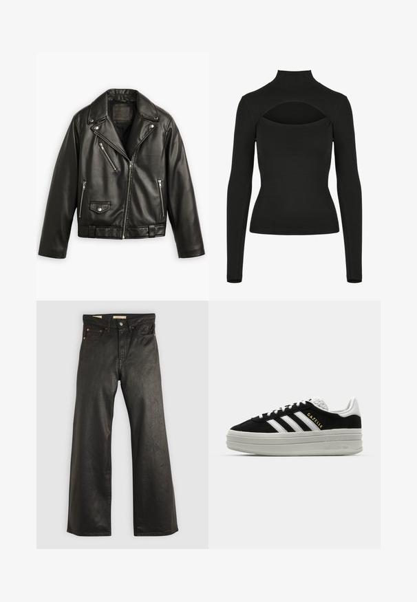 Zwarte leren motorjack met een cropped ontwerp, brede revers, meerdere ritszakken en een subtiele glans. Voorzien van een riem op de taille.; Zwarte langemouwen top met een hoge halslijn en een open rugontwerp. Gemaakt van soepel materiaal, met een getailleerde pasvorm en vlakke naden voor comfort.; Zwarte denim wijd-uitlopende broek met een gladde textuur, voorzien van vijf zakken en details met koperen hardware. Klassieke knoopsluiting.; Zwarte suède sneaker met witte leren accenten, drie witte strepen, platte veters en een dikke grijze platformzool. Gouden "Gazelle" branding.