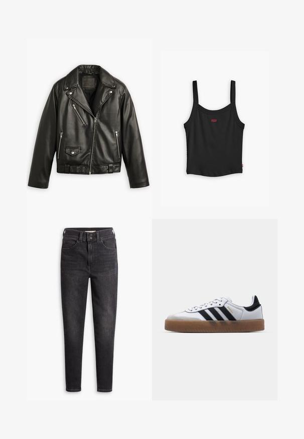 Schwarze Leder-Motorradjacke mit cropped Design, breiten Revers, mehreren Reißverschlusstaschen und einem subtilen Glanz. Mit einem Gürtel in der Taille.; Schwarzes geripptes Tanktop mit dünnen Trägern, das ein kleines rotes Levi's-Logo an der Vorderseite und einen geraden Saum aufweist.; Schwarze High-Waist-Jeans aus Denim mit schmaler Passform, Fünf-Taschen-Design und Doppelknopfverschluss. Dezentes Ausbleichen und keine Verzierungen.; Weiße Leder Sneakers mit schwarzen Streifen, Gummigummi-Außensohle, runder Zehenform, Schnürverschluss und weichem grauem Wildleder-Zehenkappe.