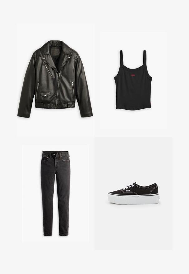 Sort læder motorcykeljakke med en cropped design, brede klapper, flere lynlåslommer og en subtil glans. Har et bælte i taljen.; Sort ribbet tanktop med tynde stropper, med et lille rødt Levi's-logo i midten foran og en lige nederste kant.; Sorte denim jeans med lige ben, der har fem lommer, kobberhardware og en let slidte måde.; Sort lærred sneakers med en hvid gummi platform sål, der har hvide snørebånd og syninger, ikonisk branding på siden, lav-top design.