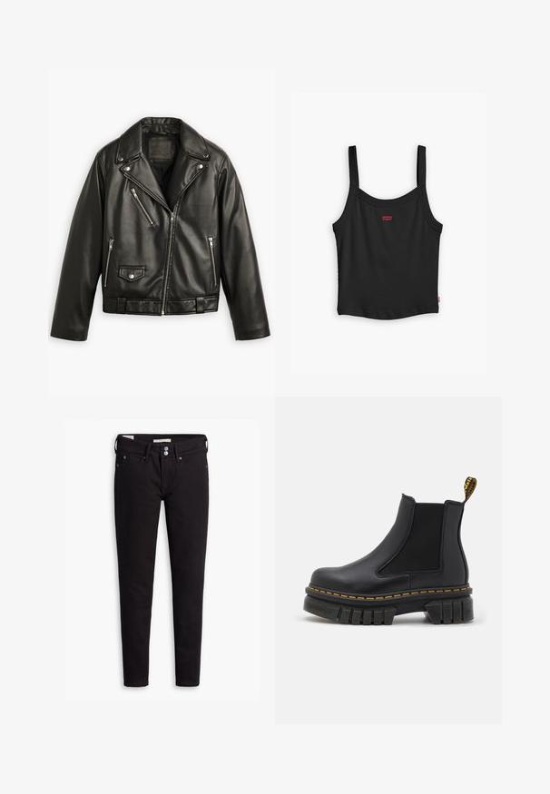 Sort læder motorcykeljakke med en cropped design, brede klapper, flere lynlåslommer og en subtil glans. Har et bælte i taljen.; Sort ribbet tanktop med tynde stropper, med et lille rødt Levi's-logo i midten foran og en lige nederste kant.; Sorte denim jeans med slim fit, der har knaplukning, fem lommer og diskrete syninger. Glat tekstur og holdbart materiale.; Sort chelsea ankelstøvle lavet af læder og elastik. Har en kraftig gummisål, gul syning og en løkke bagpå.