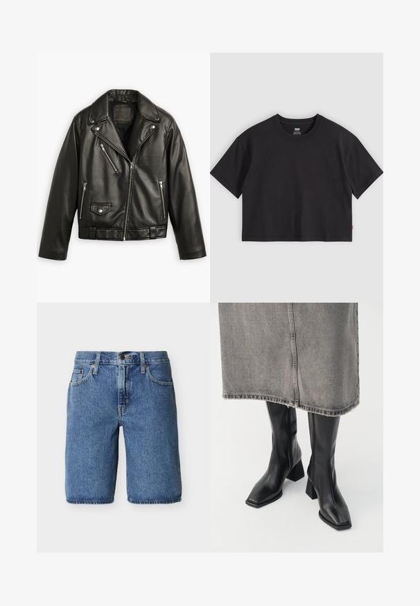 Sort læder motorcykeljakke med en cropped design, brede klapper, flere lynlåslommer og en subtil glans. Har et bælte i taljen.; Sort kortærmet t-shirt med rund hals og lille rød Levi's-etiket på sidesømmen, lagt fladt på en lysegrå baggrund.; Blå denim-knee-length shorts med frontknap og lynlås, forlommer og bæltestropper på en ensartet lys baggrund.; Sorte knæhøje støvler i glat læder med firkantet tå og blokeret hæl. Båret med en grå denimnederdel med flosset kant.