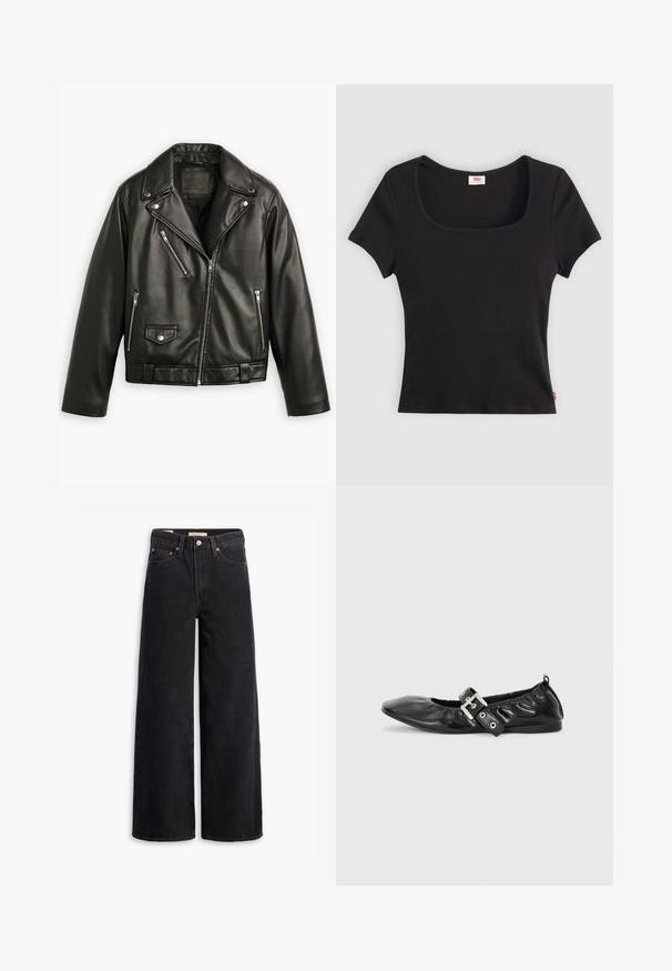 Chaqueta de motocicleta de cuero negro con un diseño recortado, solapas anchas, múltiples bolsillos con cremallera y un ligero brillo. Presenta un cinturón en la cintura.; Top negro de manga corta hecho de tejido acanalado, con un escote cuadrado amplio y una forma ajustada, con una pequeña etiqueta de logo rojo en el dobladillo.; Jeans de pierna ancha negros hechos de denim, con cinco bolsillos, remaches de cobre y un cierre clásico de botón. Textura suave con un diseño limpio.; Zapato plano de piel negra con puntera afilada, detalle fruncido alrededor de la abertura y un acento de hebilla plateada en la correa ajustable.