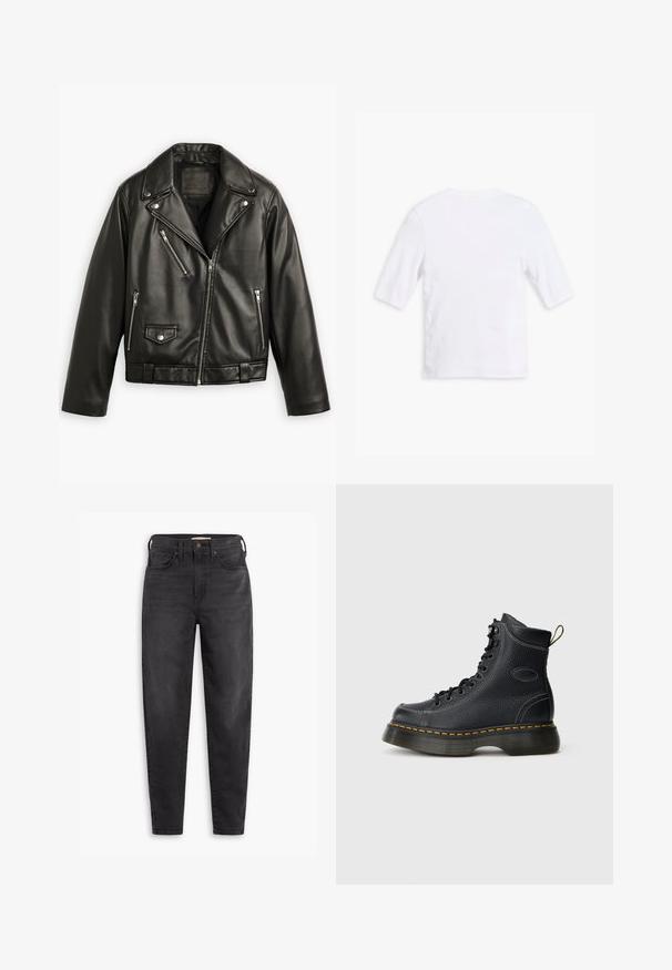 Čierna kožená motocyklová bunda s krátkym strihom, širokými klopami, viacerými zipsovými vreckami a jemným leskom. Obsahuje opasok v oblasti pása.; Biele bavlnené tričko s krátkymi rukávmi, okrúhlym výstrihom a hladkým povrchom. Žiadne viditeľné vzory alebo ozdoby.; Čierne slim fit jeans s vysokým pásom, s prednými a zadnými vreckami, zapínaním na gombík a pútkami na opasok, zobrazené na bielom pozadí.; Čierne kožené šnurovacie čižmy s textúrovaným povrchom, polstrovaným členkom, žltým prešívaním a robustnou podrážkou, s pútkom na zadnej strane.