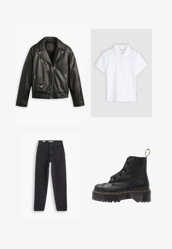 Sort læder motorcykeljakke med en cropped design, brede klapper, flere lynlåslommer og en subtil glans. Har et bælte i taljen.; Hvid kortærmet ribbet poloshirt med krave og fire knapper, lagt fladt ud på en lysegrå baggrund.; Sorte denim jeans med lige ben-design, der har fem lommer, lukning med knap foran og syninger langs sømmene.; Sorte læder ankelstøvler med tekstureret overflade, rund tå, snørebåndsdesign, gule stikninger og en tyk, rillet sort platformsål.