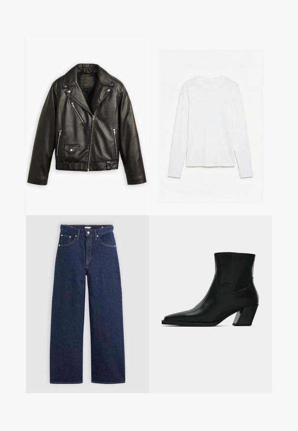 Schwarze Leder-Motorradjacke mit cropped Design, breiten Revers, mehreren Reißverschlusstaschen und einem subtilen Glanz. Mit einem Gürtel in der Taille.; Schlichtes weißes Langarm-T-Shirt mit Rundhalsausschnitt, flach auf einer weißen Oberfläche liegend, Vorderseite und gesamte Ärmellänge sichtbar.; Dunkelblaue Denim-Hose im weiten Schnitt mit hoher Taille, ausgestattet mit fünf Taschen, Gürtelschlaufen und Kupfernähten. Glatte Textur.; Schwarze Leder-Stiefelette mit spitzem Zeh, schlanker Silhouette und klobigem quadratischem Absatz. Glatte Textur mit minimalen Nähdetails.