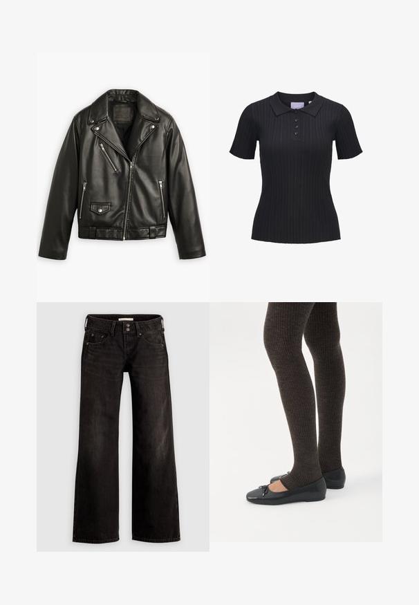 Sort læder motorcykeljakke med en cropped design, brede klapper, flere lynlåslommer og en subtil glans. Har et bælte i taljen.; Sort kortærmet ribstrikket polo i strik med fire knapper og traditionelt krave.; Sorte bukser med vide ben og en let falmet finish, med forlommer, lynlås foran og knaplukning. Fremstillet af denimstof.; Ben iført mørke ribbede leggings kombineret med sorte balletsko med små sløjfedetaljer på hvid baggrund.